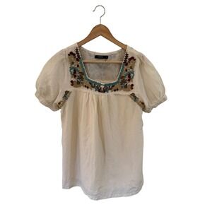 THEME Embroidered Square Neck Puff Sleeve Blouse Cotton Silk Blend Women's Large